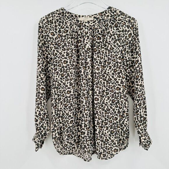 LOFT Size MP Tan & Black Animal Print Long Sleeve Sheer Button Down Blouse Top - Picture 1 of 7